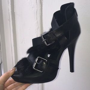 Black Fur strappy club heels